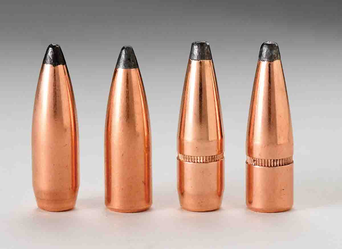 The .30-caliber bullets used for testing included (left to right): the Sierra 150-grain boat-tail, Sierra 150 flatbase, Hornady 150 boat-tail and the Hornady 150-grain flatbase.